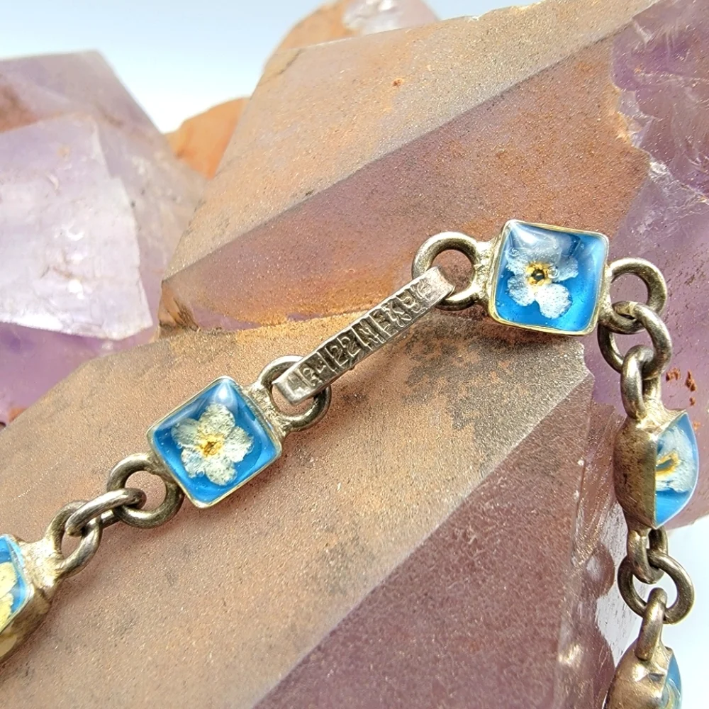 VTG Art Deco Resin Floral Tiny Flowers 925 Signed Sterling Silver Bracelet 14g